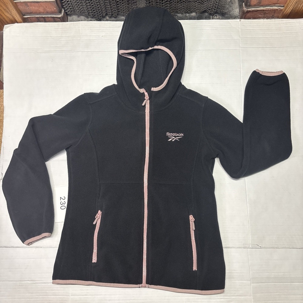 Reebok Girls Black Full Zip Fleece Hoodie Jacket Pink Trim L 14/16